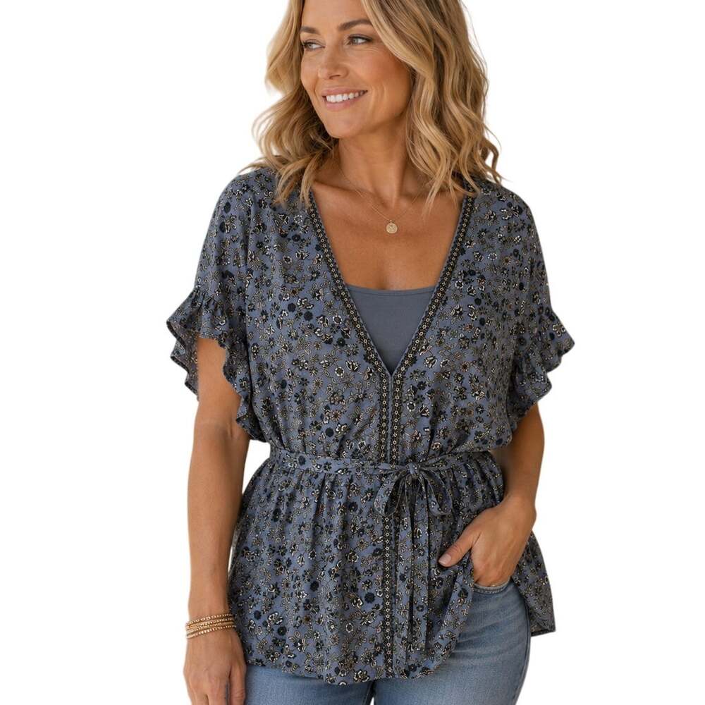 Max Studio Floral Tie Waist Top Womens XL Blue Ruffle Sleeve V-Neck Boho Blouse